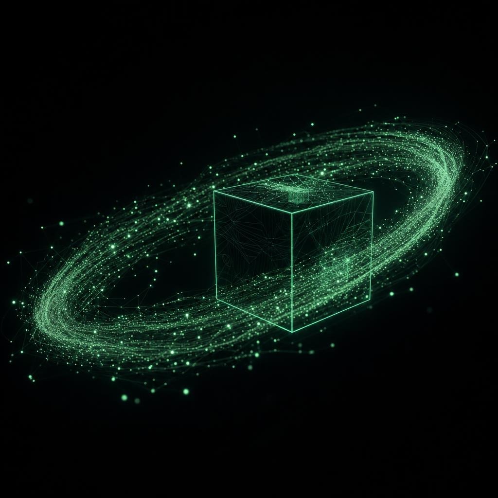 The BlocBrain cube with a ring of thousands of luminous particles orbiting it